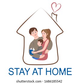 A vector image that calls for "Stay at home". It shows a family: a father, mother and son reading a book together. Suitable for posters about prevention measures against coronavirus.
