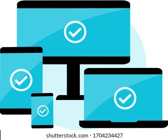 Vector image that represents the compatibility of an application on different devices such as smartphones, tablets, desktop computers and notebooks. Useful also for responsive design systems.