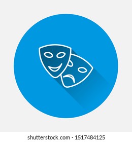 Vector Image Theatrical face mask. Drama and comedy, laughter and crying on blue background. Flat image with long shadow.