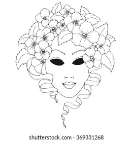 Vector image of theatrical  mask. Woman's face with flowers and ribbons. Traditional Venetian carnival mask.