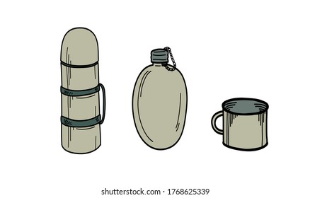 Vector image of a thermos, flask, or mug. Thermos Hiking, military. Zero waste. Hot drink. A flask for drinks. metal mug. Metal object.