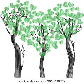 Vector image of three abstract doodle trees with leaves in heart shape growthing together in love