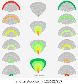 Vector image of three arc-shaped six-color performance indicators. The color varies from red to green and from green to red
