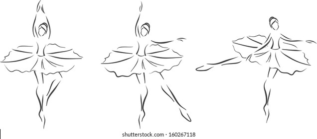 The vector image with three ballerinas. stylized monochrome picture./Set of three ballerinas 