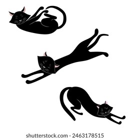 Vector image of three black cats in various poses on a white background. Set for print, composition.
