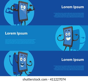 Vector image of three blue horizontal banners with cartoon image of three black smartphones with different actions: showing biceps, pointing fingers at himself, jumping. Vector business illustration.
