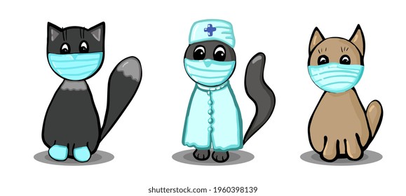 Vector image of three cats in masks and a robe on a white background.