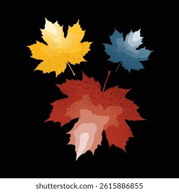 Vector image of three colored maple leaves on black background