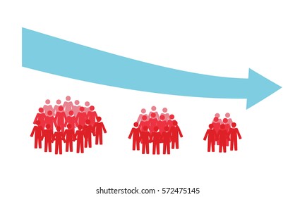 Vektorbild von drei Menschenmengen, die kleiner werden, und einem Pfeil nach unten