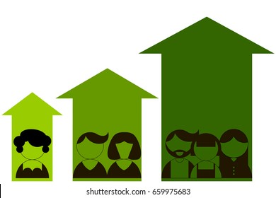 Vector image of three crowds of people getting bigger and an upwards arrow	
