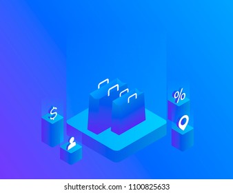 Vector image of a three dimensional shopping bag, isolated on blue background. Modern isometric vector illustration.