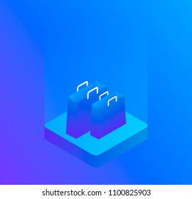 Vector image of a three dimensional shopping bag, isolated on blue background. Modern isometric vector illustration.
