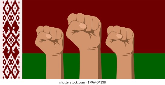 
Vector image of three hands clenched into fists on the background of the flag of Belarus