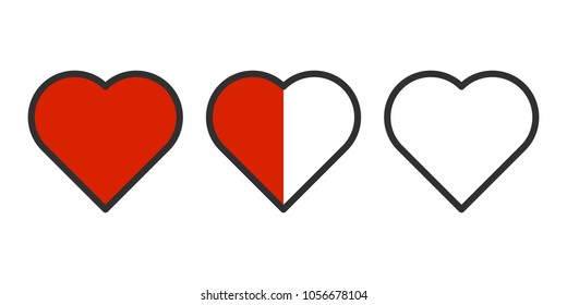 Vector image of three hearts in a row - completely filled, half of the fill and without pouring. Easily editable outline. Isolated on white background.