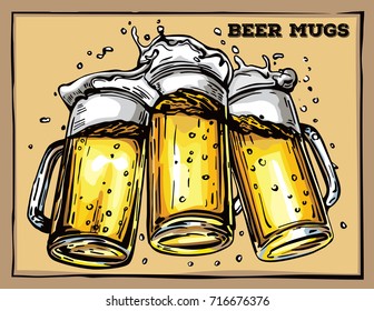 Vector image of three mugs of beer. Drinks with a lot of foam.