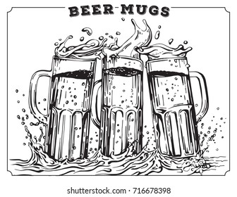 Vector image of three mugs of beer. Drinks with a lot of foam.