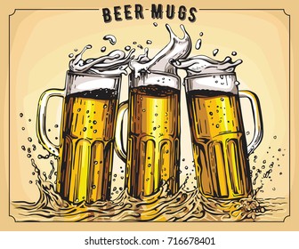 Vector image of three mugs of beer. Drinks with a lot of foam.