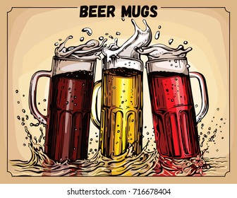 Vector image of three mugs of beer. Drinks with a lot of foam.