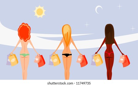 imagen vectorial de tres niñas desnudas tras la compra