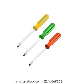 vector image of three negative screwdrivers with different colors yellow, green, and red on a white background