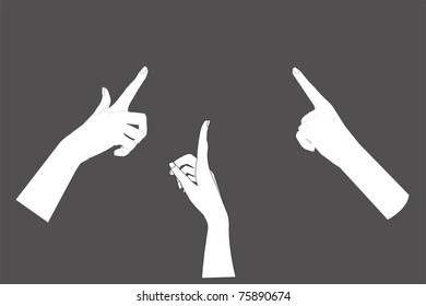 Vector image of three people's hands pointing at something on gray background