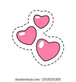 Imagem vetorial de três corações cor-de-rosa, desenhados como autocolantes com contornos tracejados.