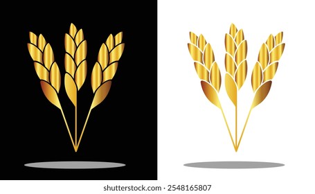 vector image of three rice plants with simple stalks with gold gradations and a black and white background