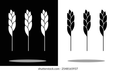 vector image of three rice plants with simple stalks with gold gradations and a black and white background