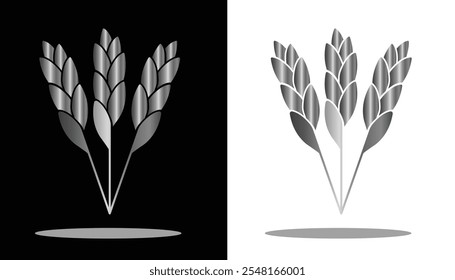 vector image of three rice plants with simple stalks with gold gradations and a black and white background