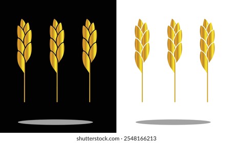 vector image of three rice plants with simple stalks with gold gradations and a black and white background