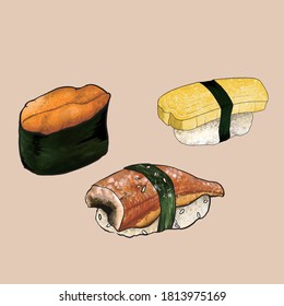 Vector image of three sushi. From left to right: urchins sushi, eel sushi, egg sushi. Hand drawn style.