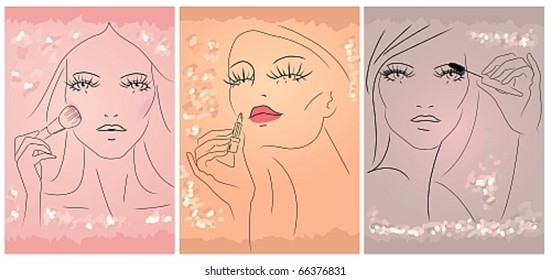 Vector image of three woman apply makeup on her face