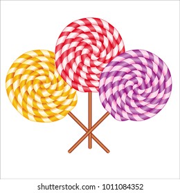 A vector image of three yellow, red and purple lollipops.