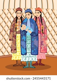 Imagen de Vector de tres jóvenes con un bebé recién nacido en un disfraz nacional kazajo 