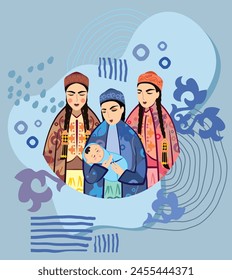 Imagen de Vector de tres jóvenes con un bebé recién nacido en un traje nacional kazajo, sobre un fondo de adornos y símbolos tradicionales kazajos