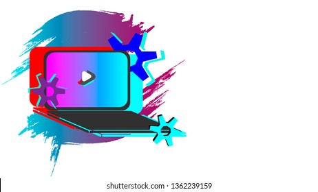 Vector image. A three-color laptop, red, gray, and blue, is shown in the settings. Abstraction is depicted in the background.