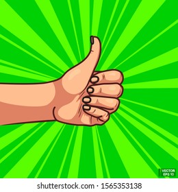 Vector image. Thumbs up gesture on a green background. Recommend icon.