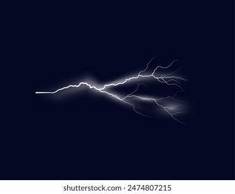 Vector image of thunderstorms accompanied by thunderclaps, lightning strikes and radiant energy effects. The dark blue background conveys the power of nature.