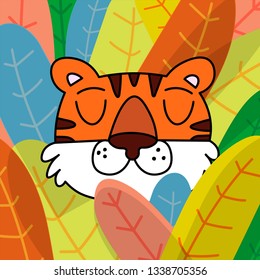 Vector image of a tiger. Cartoon tiger. Tiger lurked in the leaves. Background from colored leaves. Vector image of a poster, banner, postcard. Print for children's clothes. Wild animal, wildlife.