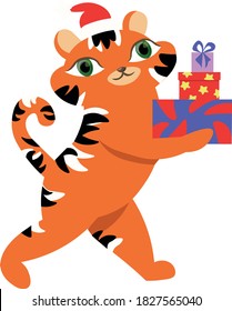 vector image tiger with gifts, symbol of 2022 new year