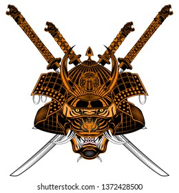 Vector image of a tiger of the Samurai. Katana. Helmet, mask and sword Japanese soldier. Mythical warrior. Illustrations for t shirt print. Color tattoo. Japanese fantasy shogun. Drawing for design.