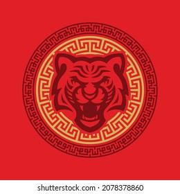 Imagen vectorial de un símbolo tigre de año nuevo oriental enmarcado por el ornamento coreano