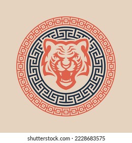 Vector image of a tiger symbol of oriental new year framed by korean ornament