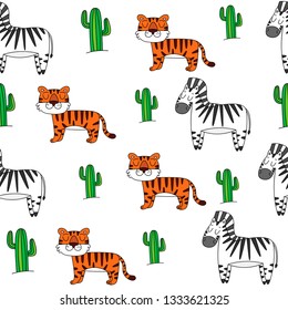 Vector image of a tiger and zebra. Vector image of a cactus. Seamless pattern with cartoon tiger and zebra. Image suitable for wrapping paper, children's clothing and bedding. Print cards, banners.