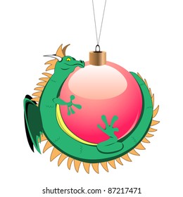 Vector image of tiny dragon around christmas ball