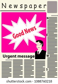 Vector image of the title page of the newspaper with newspaper breaking news.  The main image on the page of the newspaper conceptually depicts good news.
