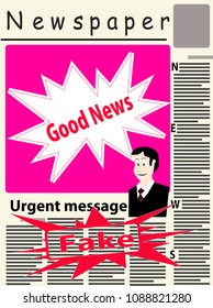 Vector image of the title page of the newspaper with newspaper breaking news.  The main image on the page of the newspaper conceptually depicts bad news. In page  big red stamp with word fake