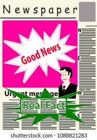 Vector image of the title page of the newspaper with newspaper breaking news.  The main image on the page of the newspaper conceptually depicts good news. In down big green stamp with words real fact