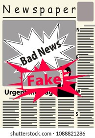 Vector image of the title page of the newspaper with newspaper breaking news.  The main image on the page of the newspaper conceptually depicts bad news. top big red stamp with word fake