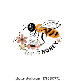 Vector image of the title-honey with a bee collecting nectar from flowers. An outline of a label with a bee character and Doodle - style flowers isolated on a white background.